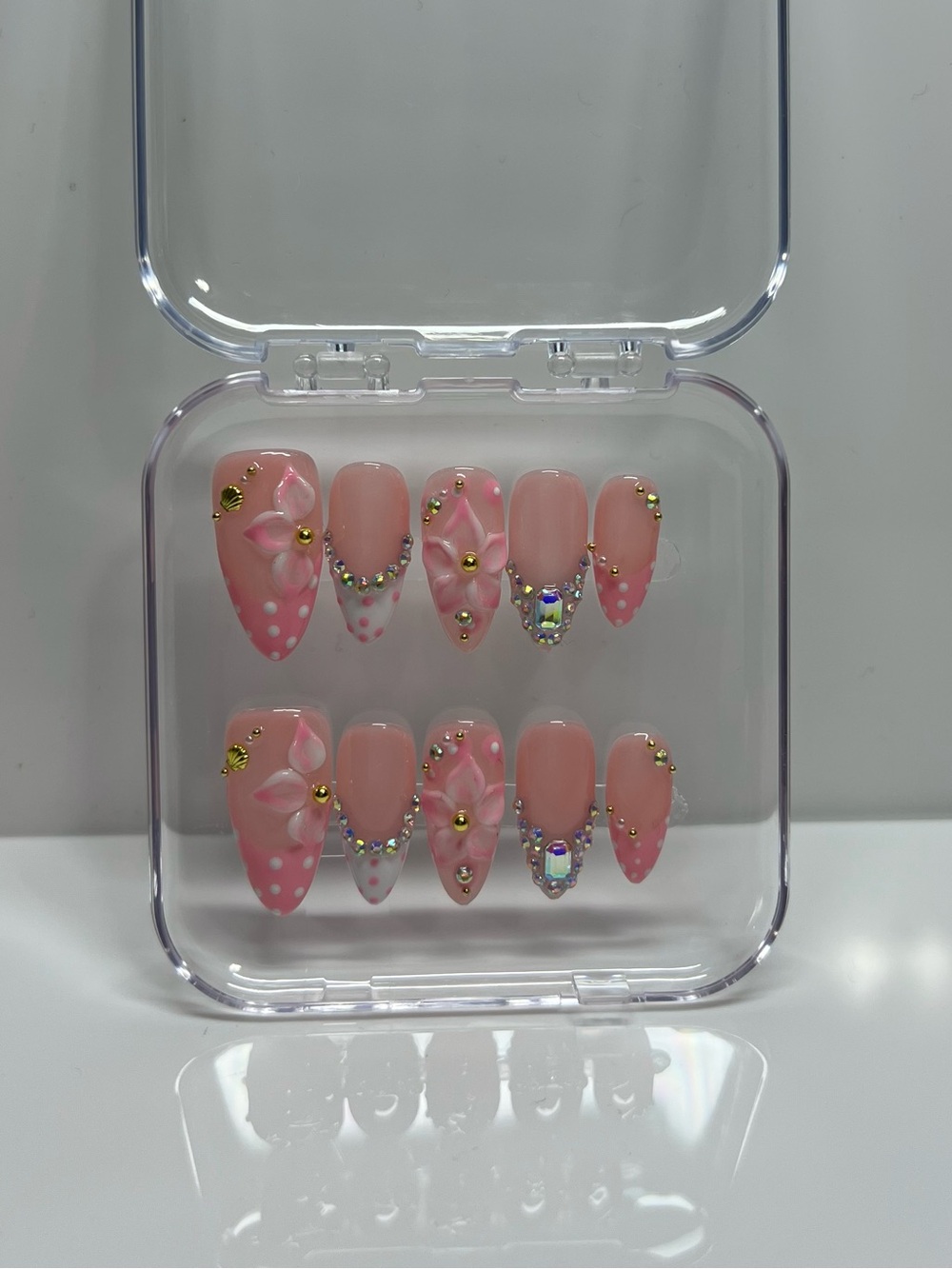 Handmade Pink Blossom 3D Flower Rhinestone Press-On Nails - Picture 4 of 5